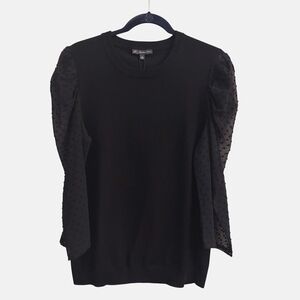 ADRIANNA PAPELL Black Crewneck Swiss Dot Sheer Long Sleeve Pullover Sweater